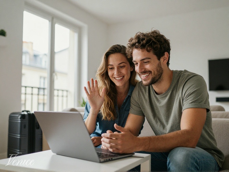 Jeune couple en appel vidéo, une valise visible dans l'entrée, appartement moderne, lumière douce du jour