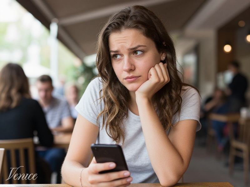 Une jeune femme française regarde prudemment son téléphone avec une application de rencontre, expression attentive, lumière naturelle d'un appartement