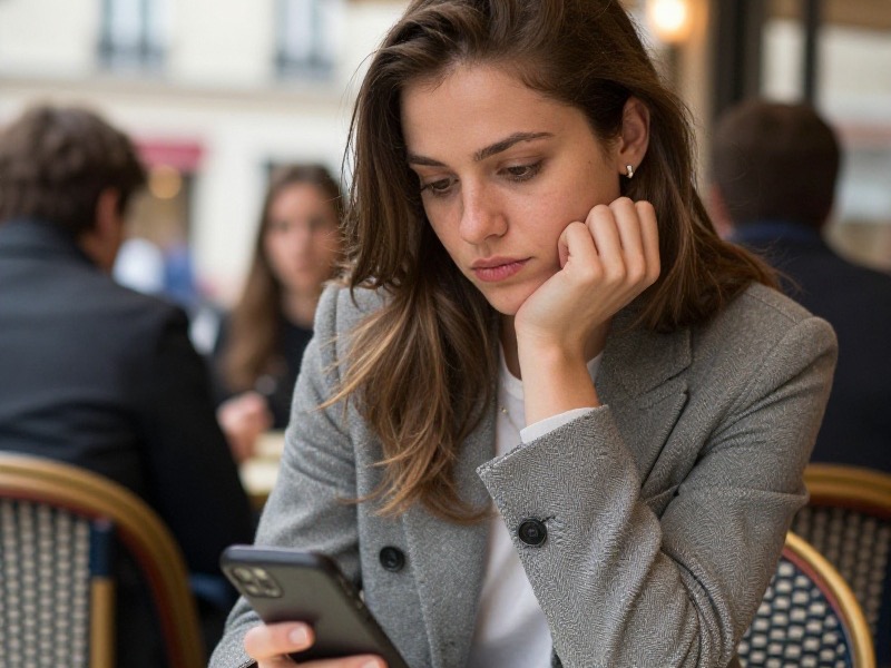 Jeune femme pensive regardant son téléphone le soir dans un appartement parisien, lumière tamisée, expression de doute face à un message