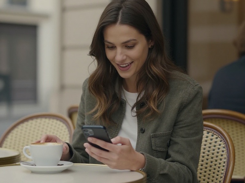 Une femme d'une trentaine d'années, en veste kaki, sourit en lisant un message sur son téléphone à la terrasse d'un café parisien, une tasse de café posée devant elle.