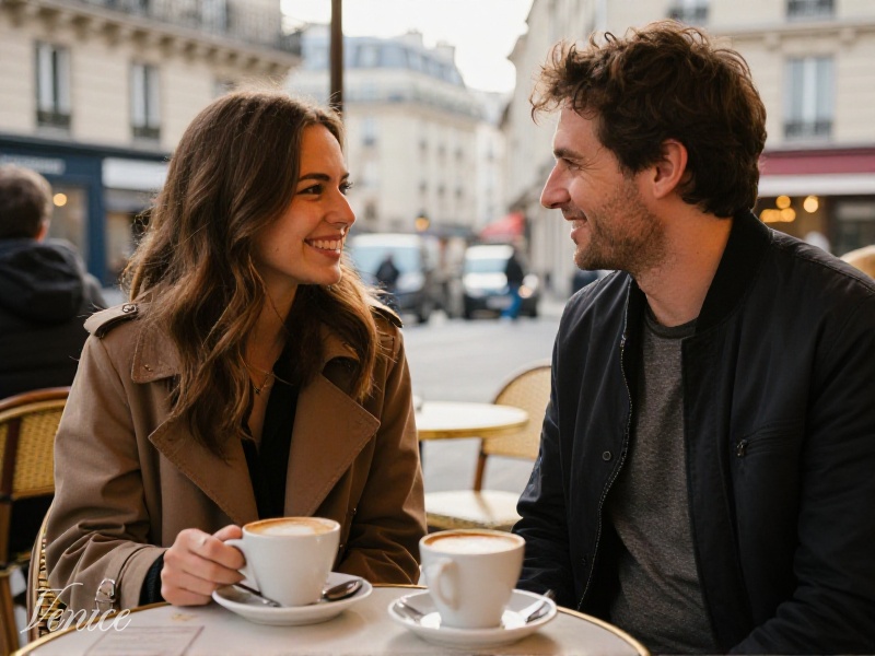 Couple souriant prenant un café à la terrasse d'un café parisien en plein jour, ambiance respectueuse et détendue