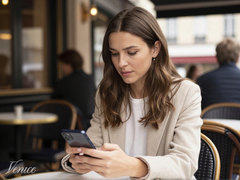 Personne souriante créant un profil de rencontre réfléchi sur son téléphone dans un café parisien bien éclairé en journée