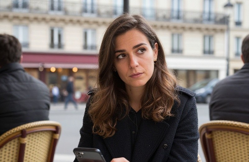 Une femme française d'une trentaine d'années examine attentivement un profil sur son smartphone, assise à la table d'une cuisine lumineuse, expression concentrée et prudente