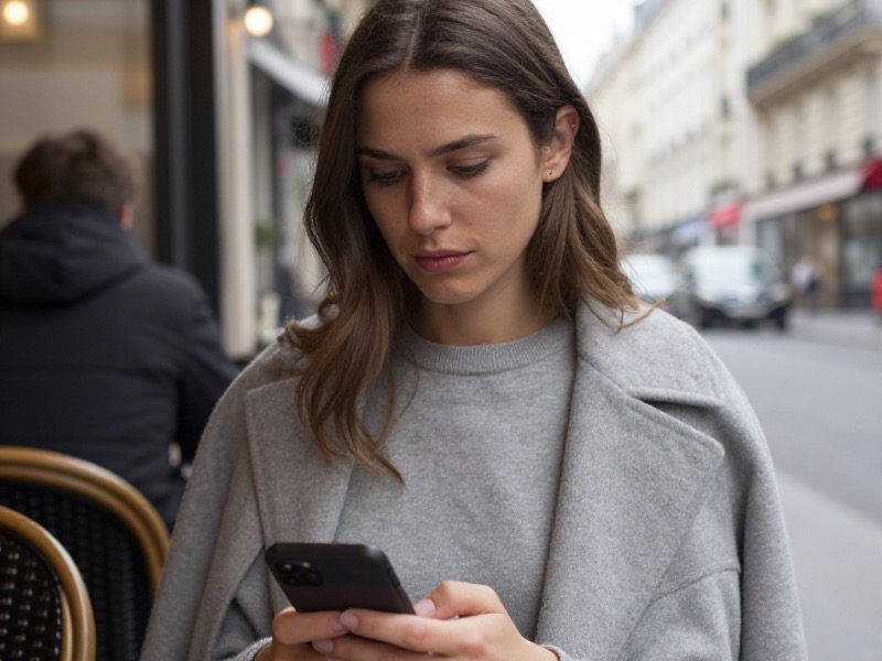 A woman in her early thirties sits alone at a small café table on a Paris side street, holding her smartphone and reading the screen with a focused, slightly sceptical expression, wearing a plain grey jumper and an open coat, soft overcast daylight, calm everyday mood, photo-realistic.