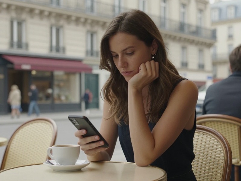Une femme d'une trentaine d'années assise seule à la table d'un café parisien en pleine journée, le regard pensif posé sur l'écran de son téléphone.