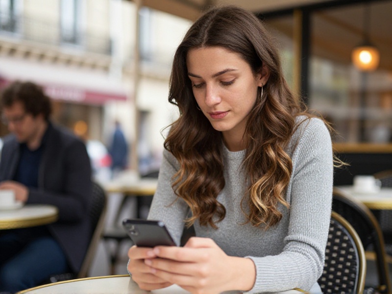 Jeune femme assise sur un canapé le soir, posant son téléphone avec un air fatigué, lumière douce d'un appartement parisien, expression de lassitude face aux applications de rencontre