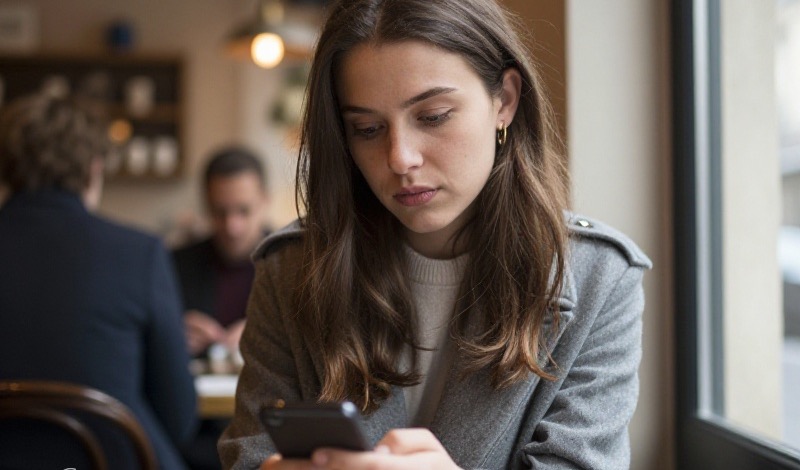 Un homme français d'une trentaine d'années, assis près d'une fenêtre lumineuse, regarde son smartphone avec une expression pensive après une conversation interrompue
