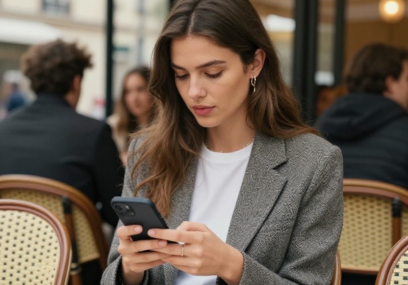 Trois jeunes adultes souriants comparent des applications de rencontres sur leurs smartphones dans un café parisien