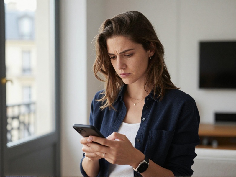Jeune femme regardant son téléphone d'un air pensif dans un cadre urbain moderne à Paris, lumière douce, expression de doute face à une avalanche de messages