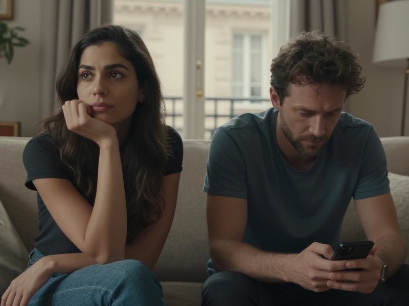 Un couple assis côte à côte sur un canapé dans un salon parisien en fin de journée : elle consulte son téléphone en inclinant légèrement l'écran, il regarde ailleurs d'un air pensif, lumière naturelle douce, style photoréaliste.