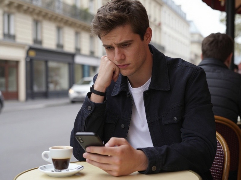 Une femme française souriante consulte son smartphone avec une expression amusée et légèrement sceptique, assise dans un café parisien en pleine journée, lumière naturelle chaleureuse.