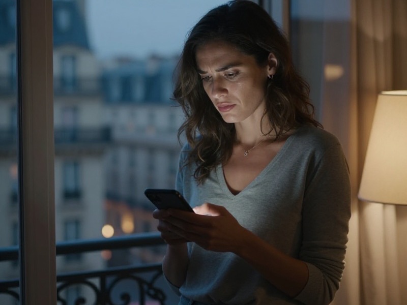 Une jeune femme assise dans un café parisien consulte son téléphone et découvre que la même personne a vu toutes ses stories sans jamais lui écrire