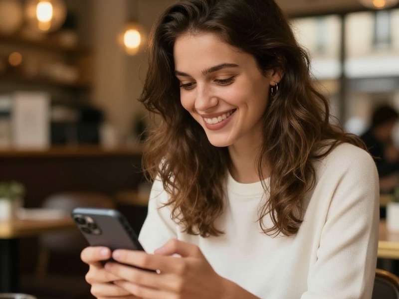Jeune femme française souriante assise dans un café lumineux, smartphone en main, en train de rédiger un premier message sur une application de rencontre