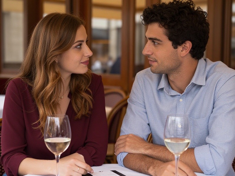 Un homme et une femme attablés à la terrasse d'un café français en fin d'après-midi, l'addition posée sur la table entre leurs deux tasses, ambiance détendue et lumière naturelle