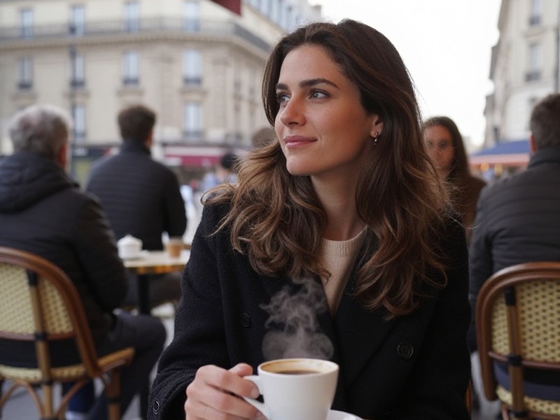 Jeune femme au regard apaisé assise dans un café parisien lumineux, téléphone posé sur la table à côté d'une tasse, expression sereine d'un nouveau départ après une rupture