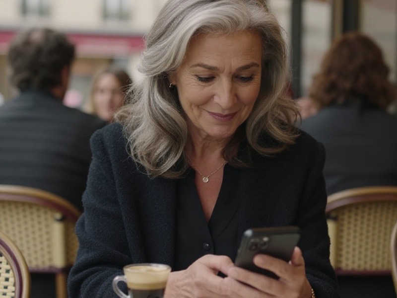 Femme française d'une cinquantaine d'années aux cheveux gris élégants, souriante et détendue, consultant son téléphone à la terrasse d'un café ensoleillé, lumière douce de fin d'après-midi