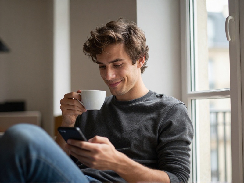 Jeune femme française calme et souriante lisant un message sur son téléphone, assise près d'une fenêtre lumineuse dans un intérieur chaleureux, lumière douce du matin