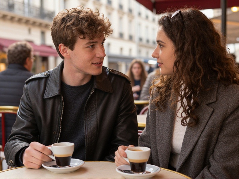 Un jeune couple discute posément autour d'un café en terrasse, expressions attentives et détendues, lumière naturelle douce de fin d'après-midi.