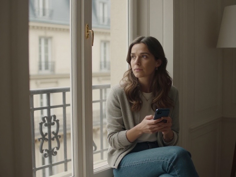 Une femme assise sur le canapé de son salon regarde son téléphone en attendant une réponse, tandis que la conversation reste ouverte sur l'écran, lumière douce de fin d'après-midi.